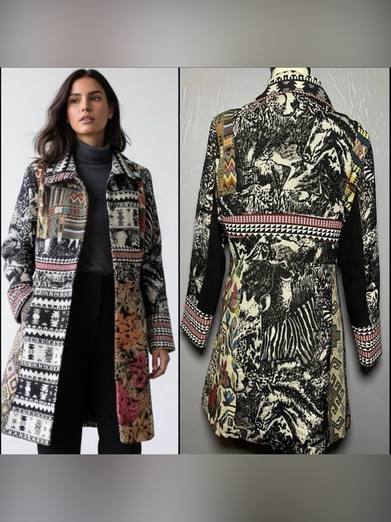 Vintage Jackets & Blazers - Vintage Tapestry Coat Patchwork 90's LARGE Western Tribal Floral Peacoat Small
